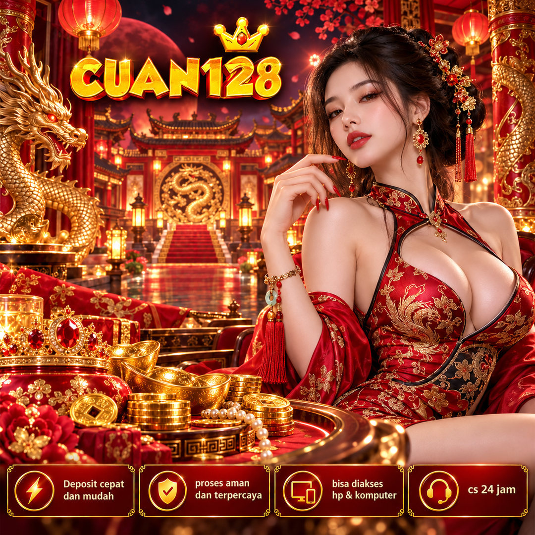 Poster CUAN128 bergaya merah dan emas untuk hiburan game digital
