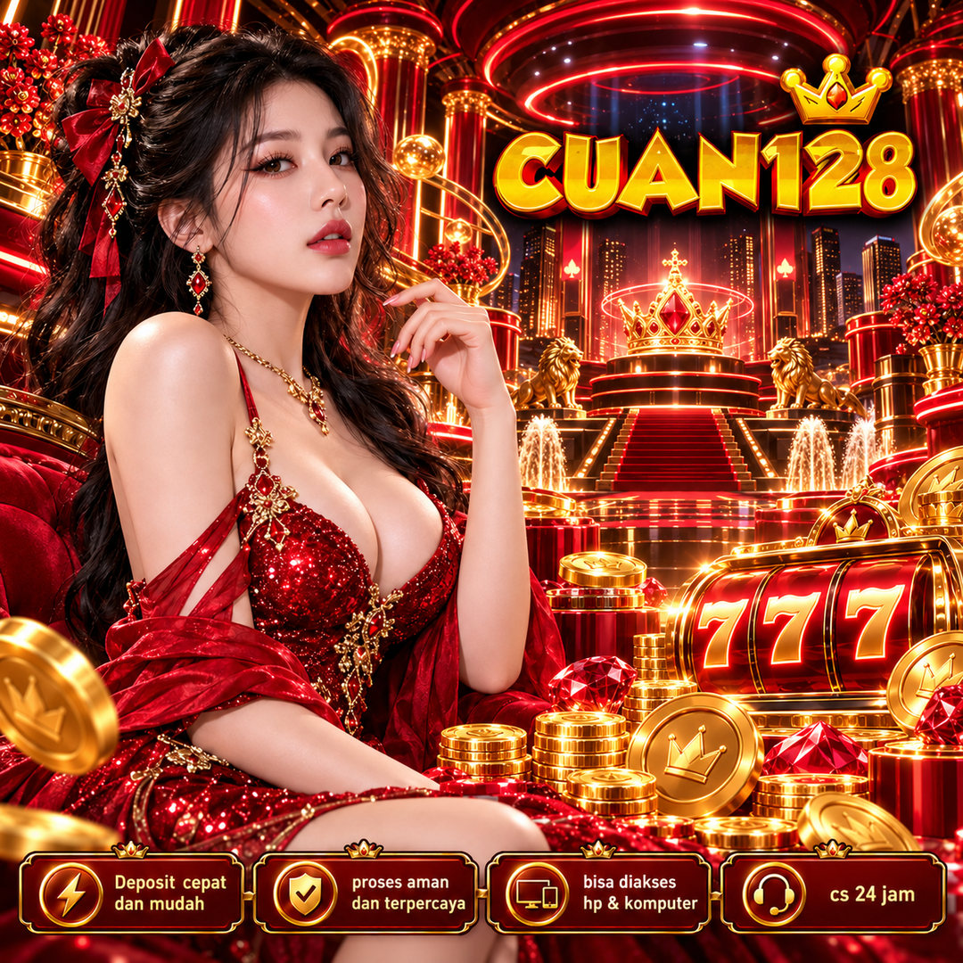 Poster CUAN128 bergaya merah dan emas untuk hiburan game digital